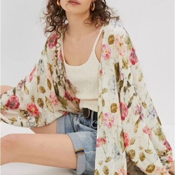 By Anthropologie Women's Floral Marie Shimmer Kimono Long Sleeve Multicolor OS - Picture 2 of 11